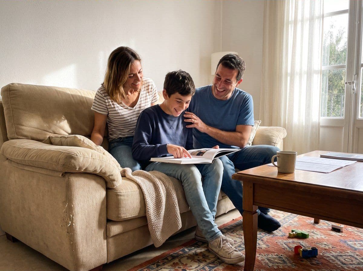 Una mamá, un papá y su hijo leen un libro juntos en el sillón