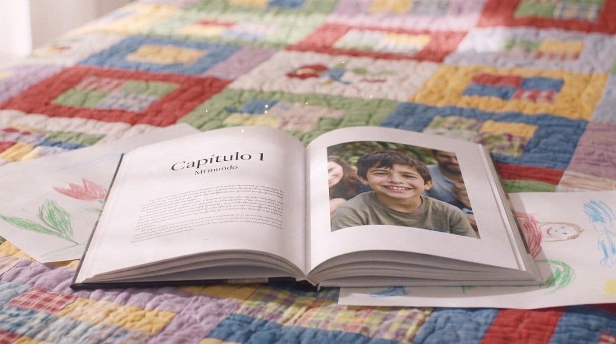 Un libro abierto en el capítulo 1, con la foto de un chico sonriendo, sobre una colcha de colores
